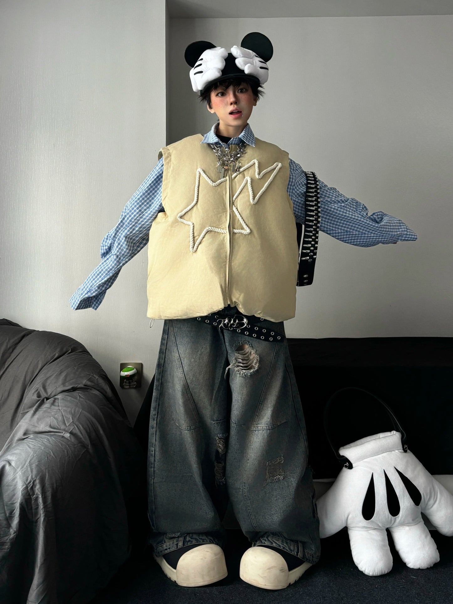 Wash Curved Hem Reverse Waistband Heavyweight Wide Leg Denim Jeans WN18111