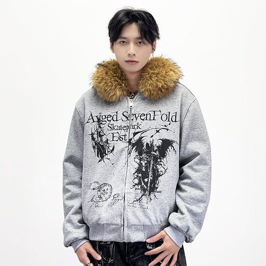 Detachable Fake Fur Collar Zipper Hooded Jacket WN24269