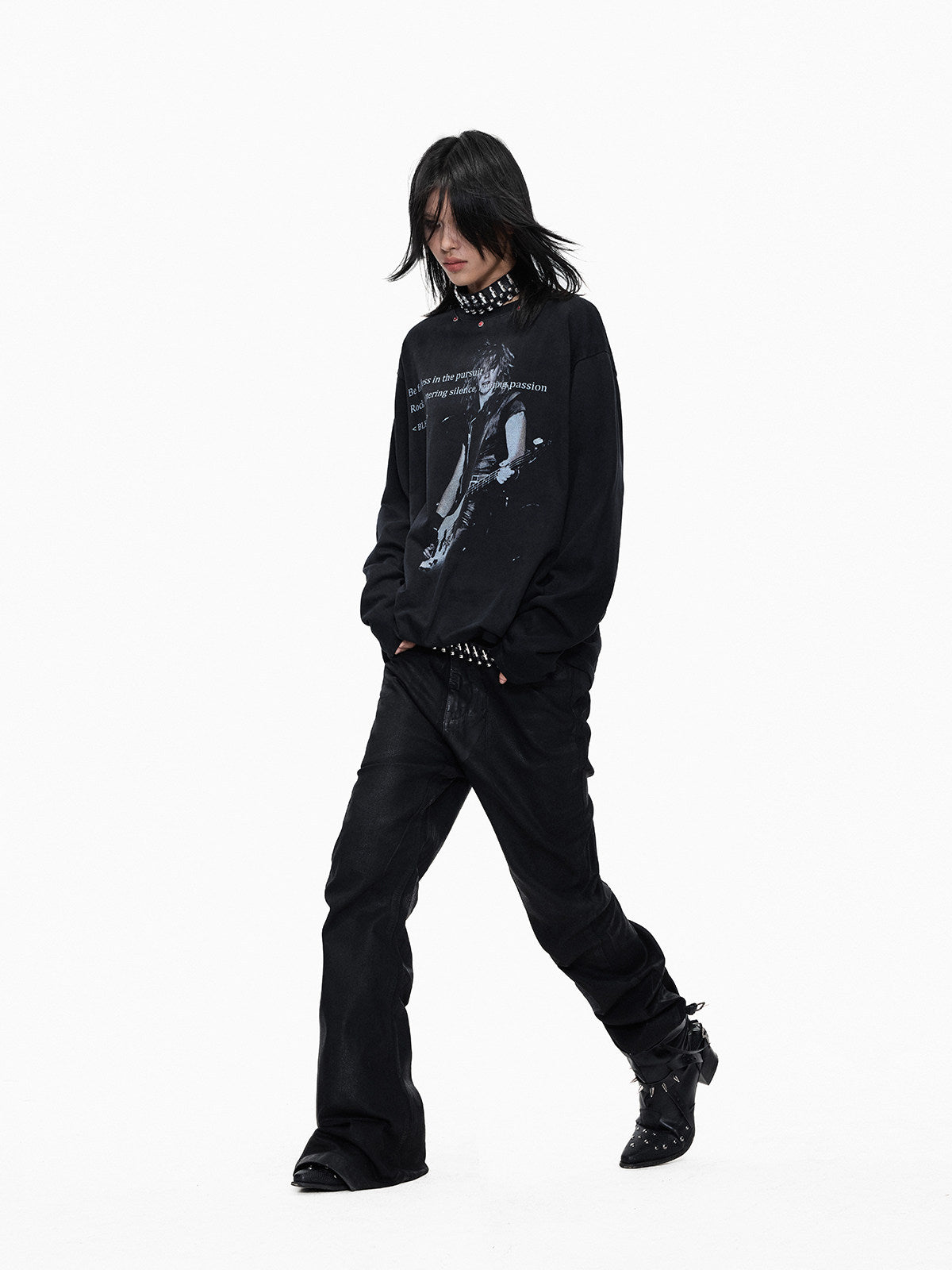 Washed Guitar Portrait Slogan Print Long Sleeve T-Shirt WN27324
