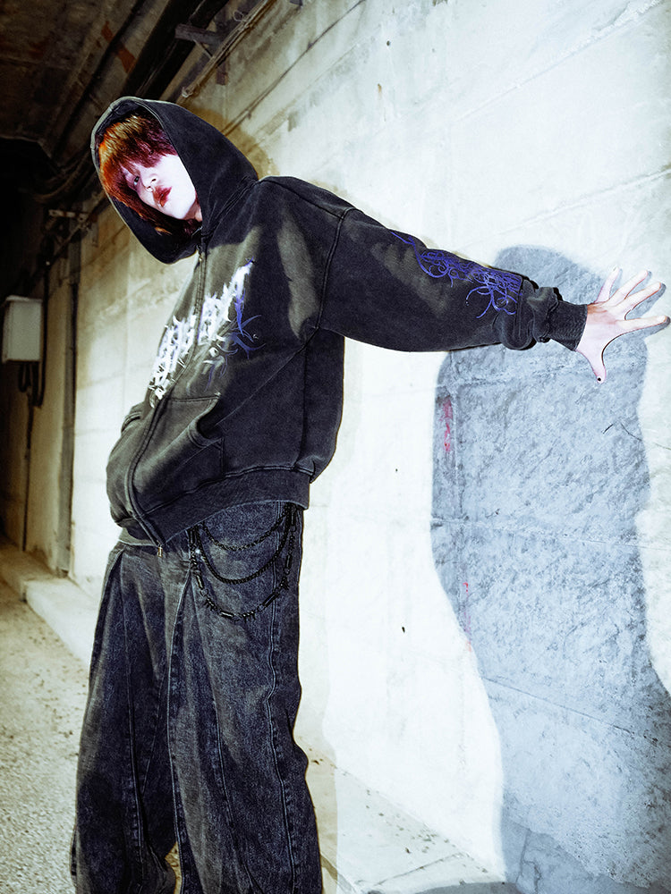 Studs Detail Washed Fleece Lining Zipper Hoodie WN16035