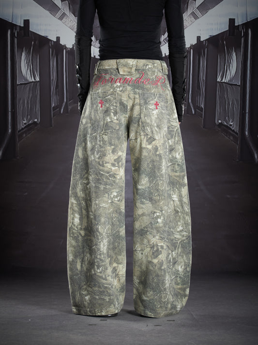 Letter Embroidery Camouflage Wide Leg Barrel Pants WN22903