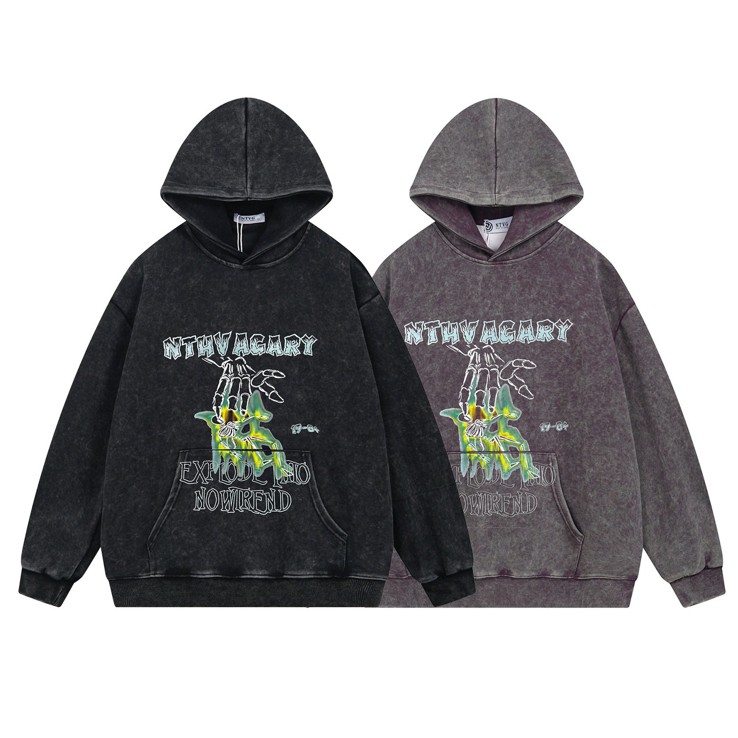 Washed Thick Print Pullover Hoodie WN11532