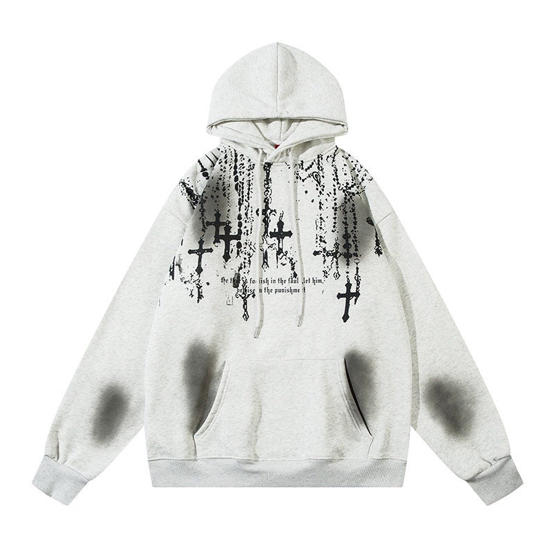 Cross Print Fleece Lining Oversize Pullover Hoodie WN10934
