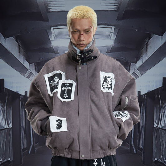 Eagle Patch Fake Fur Collar Stand Neck Padded Jacket WN22868