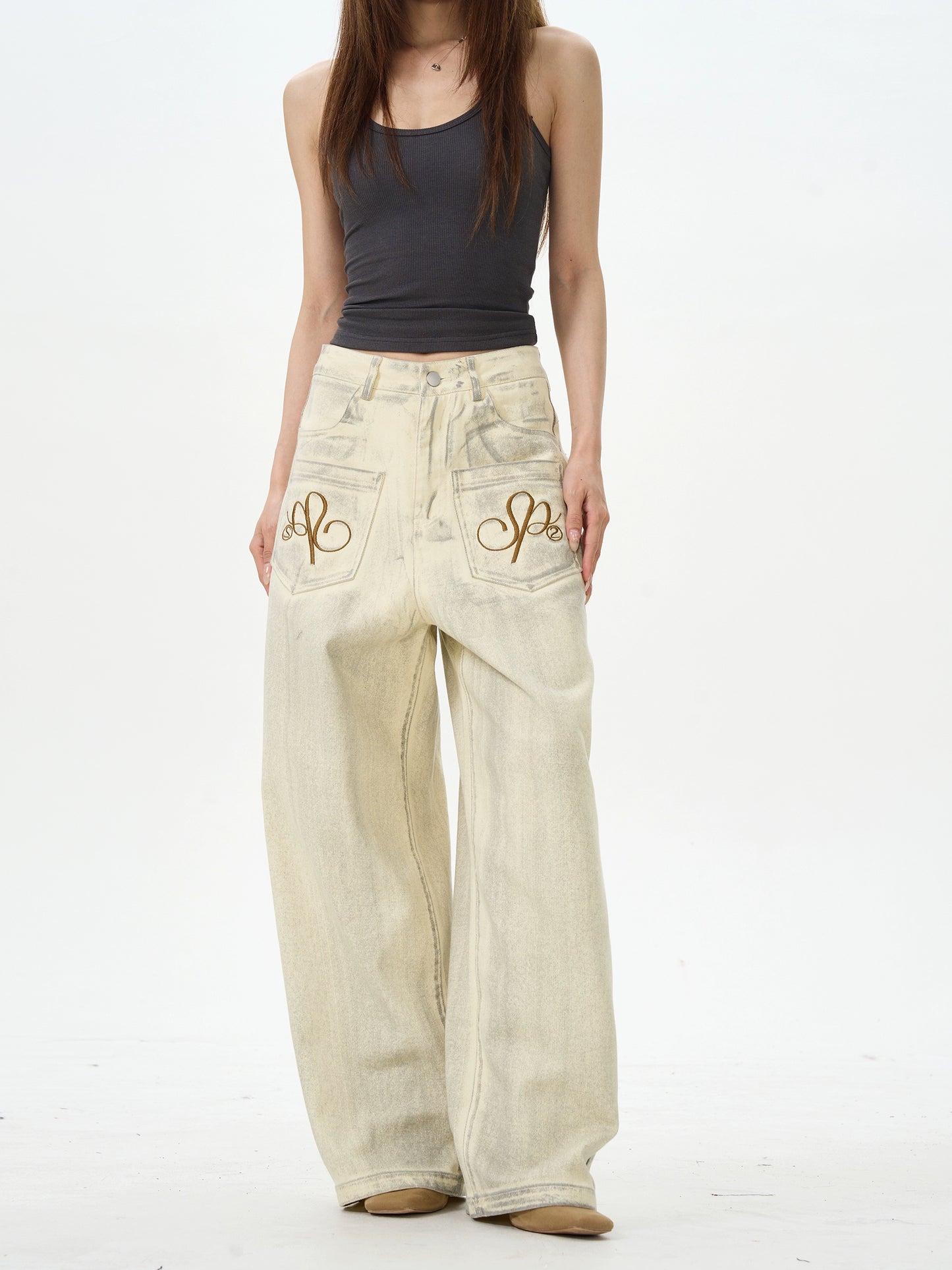 Washed Wide Leg Straight Denim Jeans WN16369