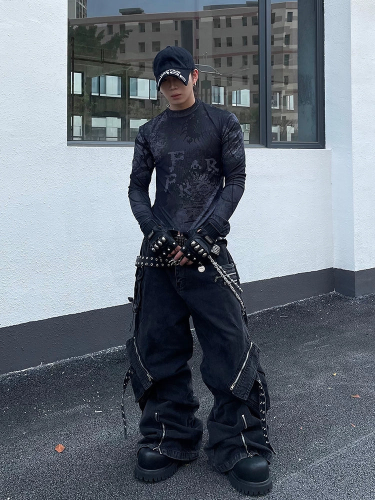 Mesh Print High-Neck Long Sleeve T-Shirt WN16289