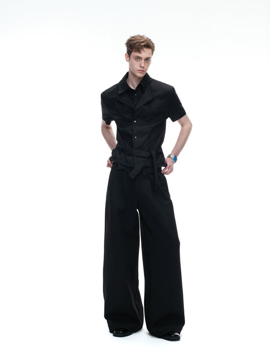 Irregular Fold-Over Waist Embroidery Wide Leg Pants WN27032