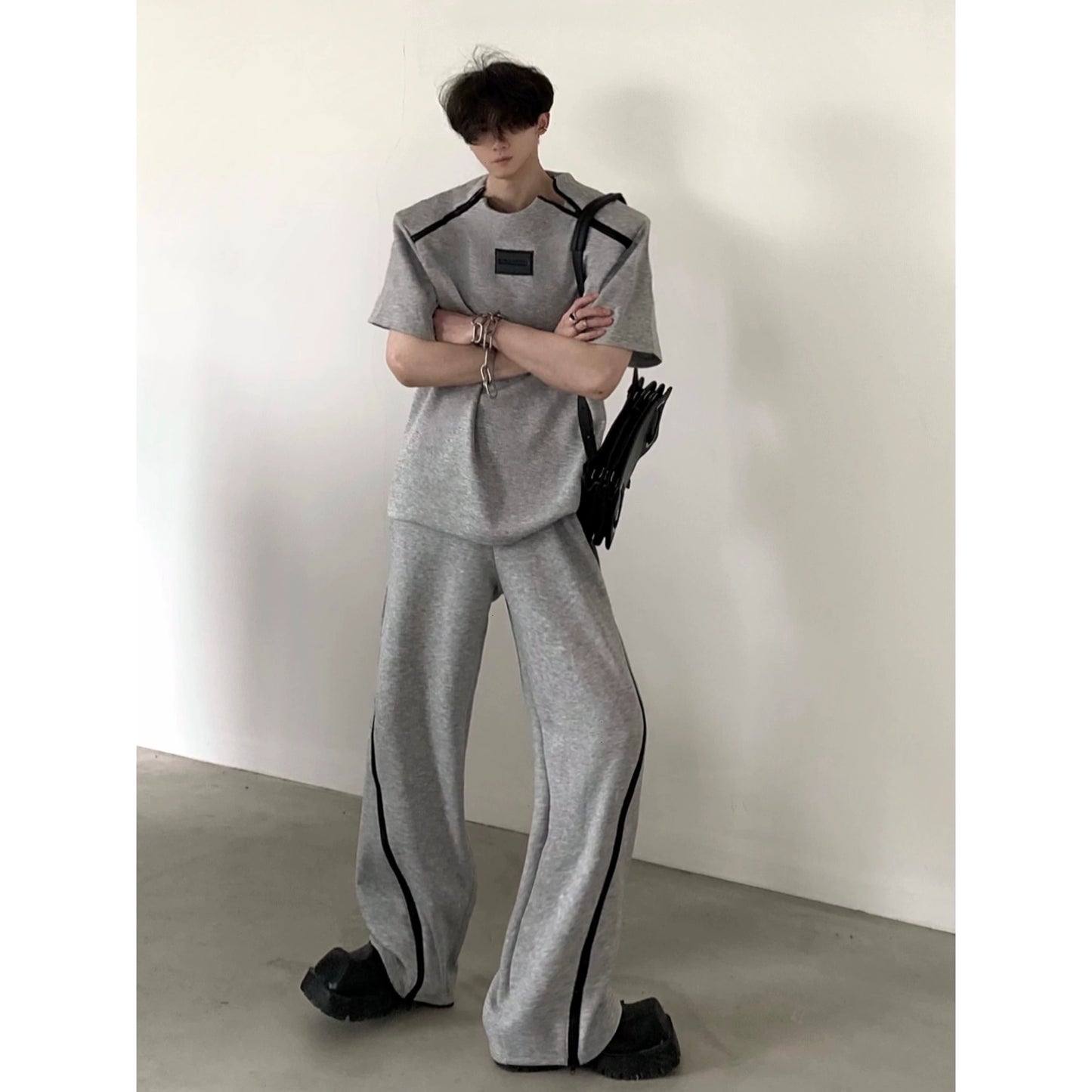 Shoulder Pad Sporty Short Sleeve T-Shirt & Wide-leg Pants Setup WN5971