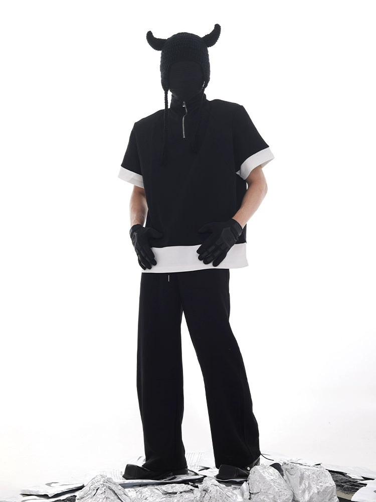 Half Zipper Stand Neck Shoulder-Pad Short Sleeve T-Shirt & Sweatpants Setup WN18620