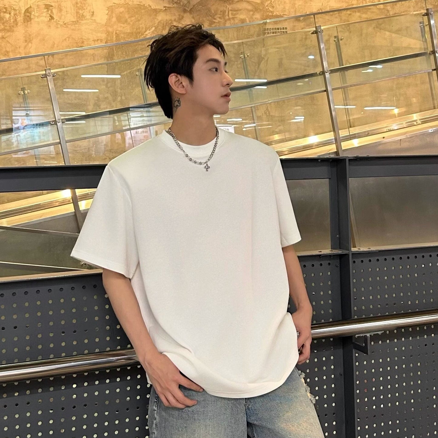 Heavyweight Detachable Shoulder-pad Oversize Short Sleeve T-Shirt WN25259