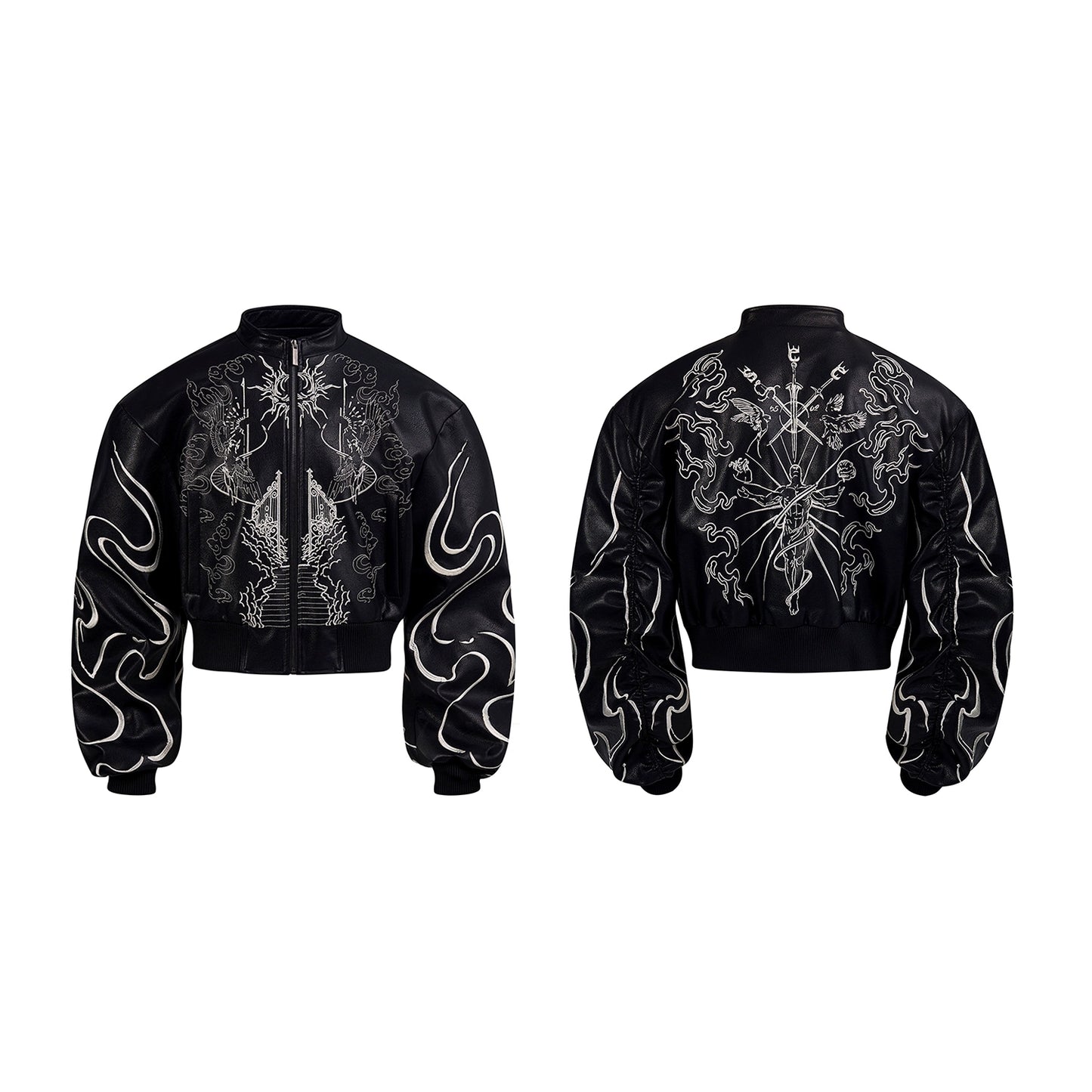 Back Embroidery Stand Neck PU Leather Jacket WN20375