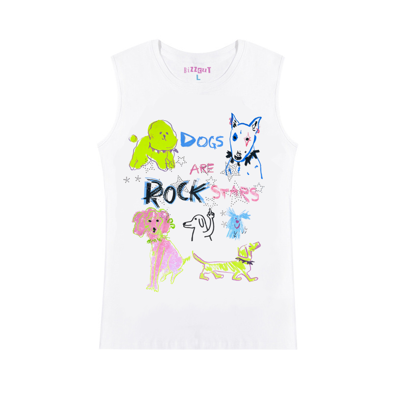 Hand-Drawn Design Rhinestone Detail Sleeveless T-Shirt WN16062