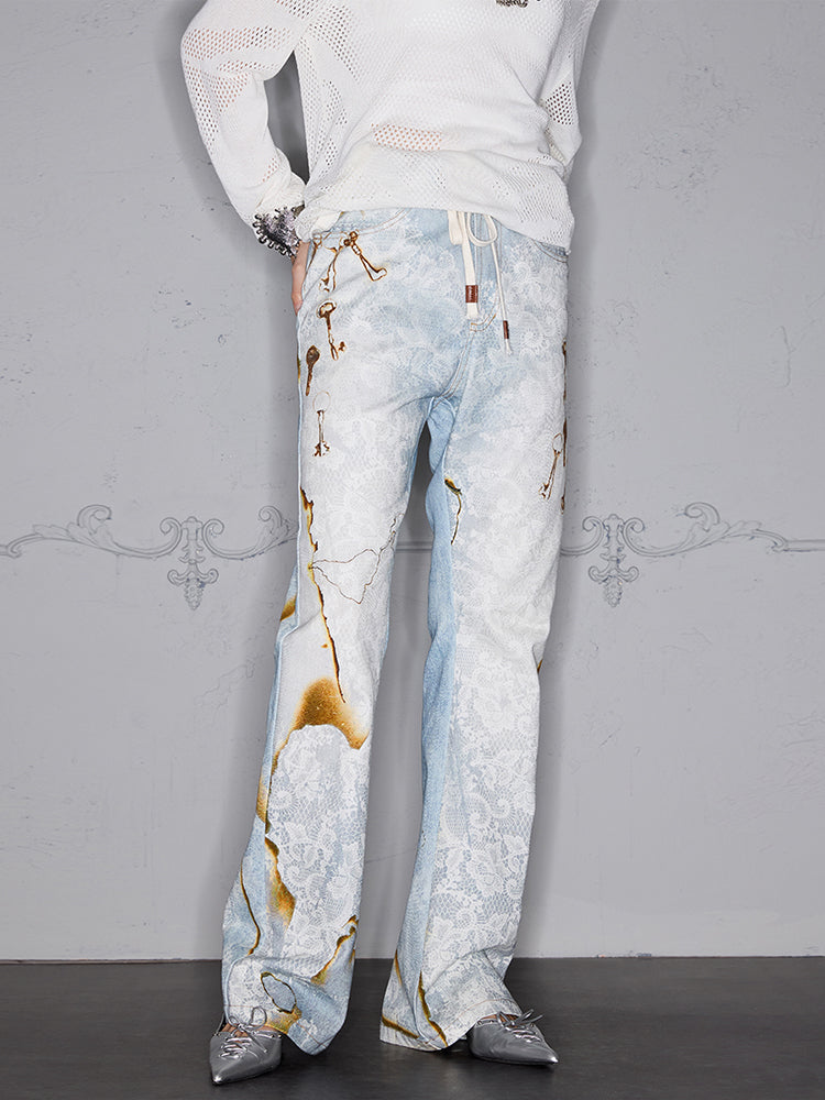 Burnout Lace Patchwork Digital 3D Print Flare Denim Jeans WN17961
