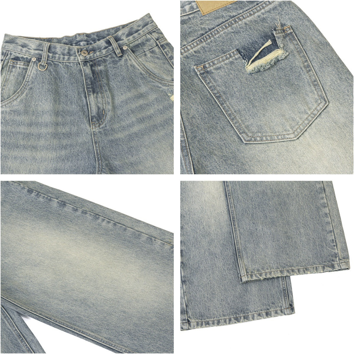 Washed Damage Wide-Leg Straight Denim Jeans WN16206