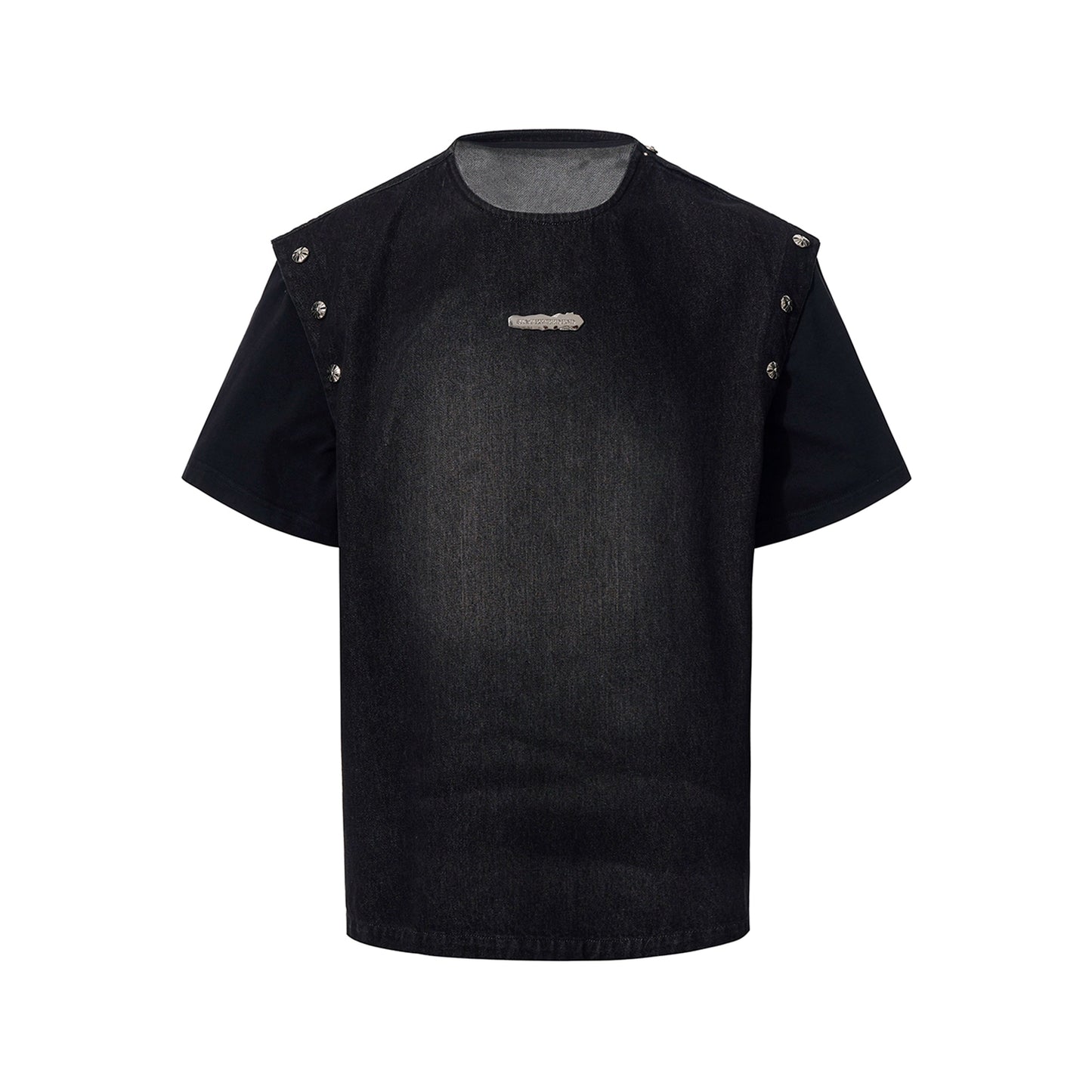 Washed Damage Patch Black Denim Half Pants WN18314