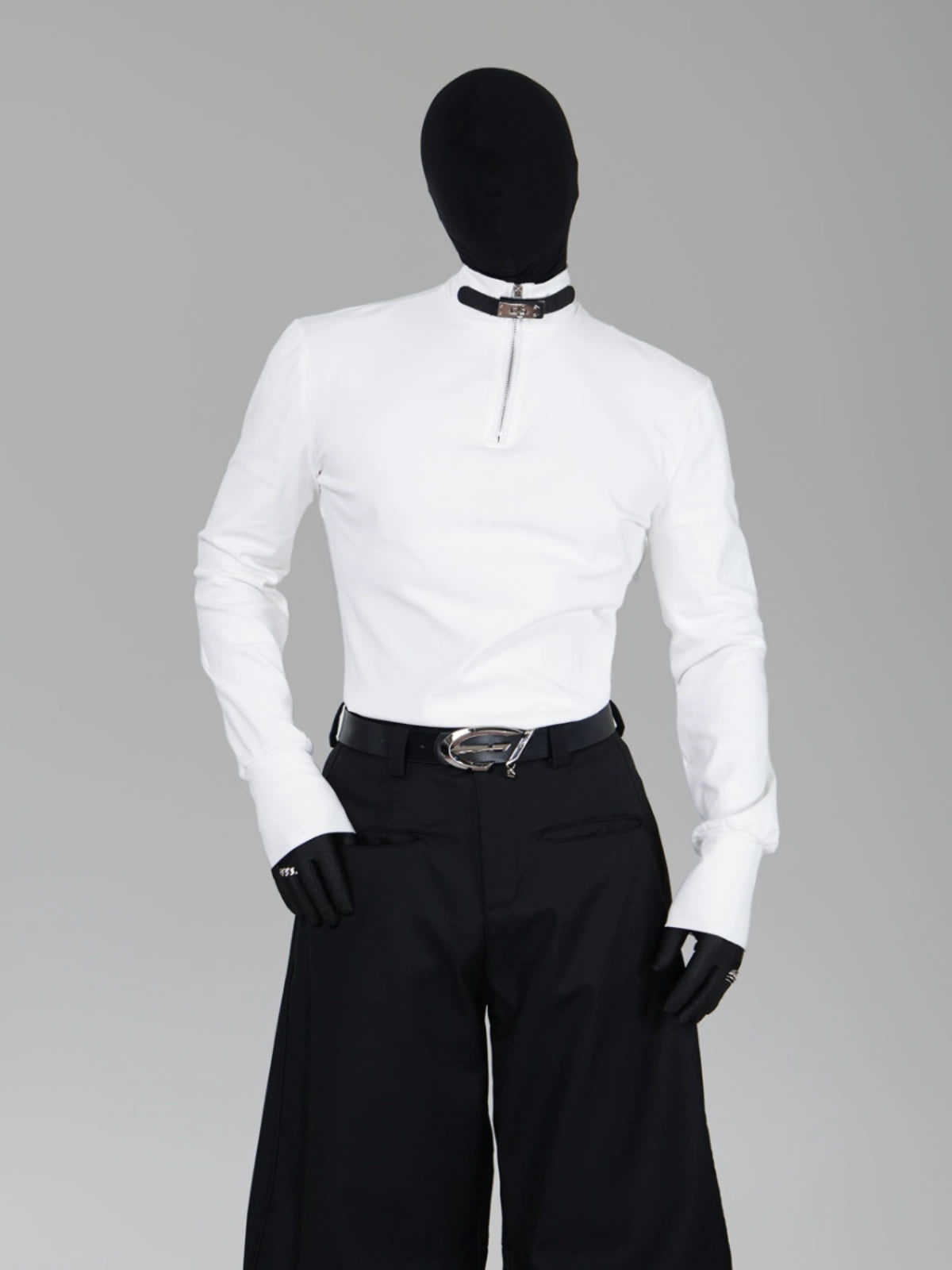 Heavy PU Leather Buckle Half High Neck Long Sleeve T-Shirt WN17337