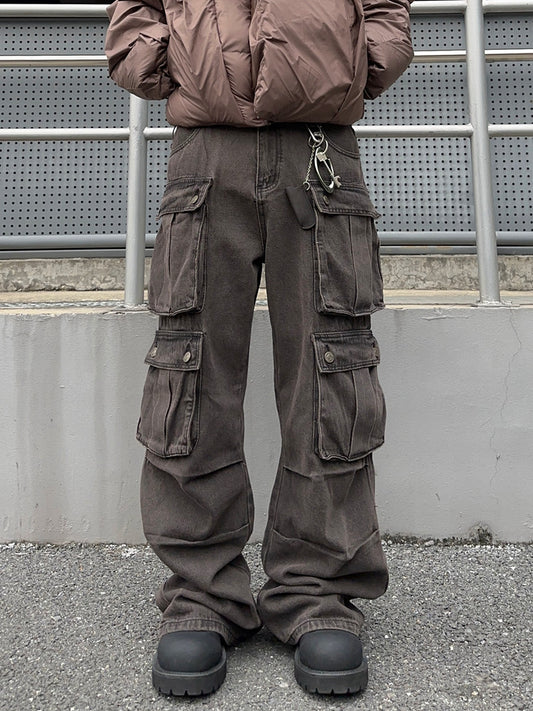 Wash Damage Multi Pocket Straight Cargo Denim Jeans WN24360