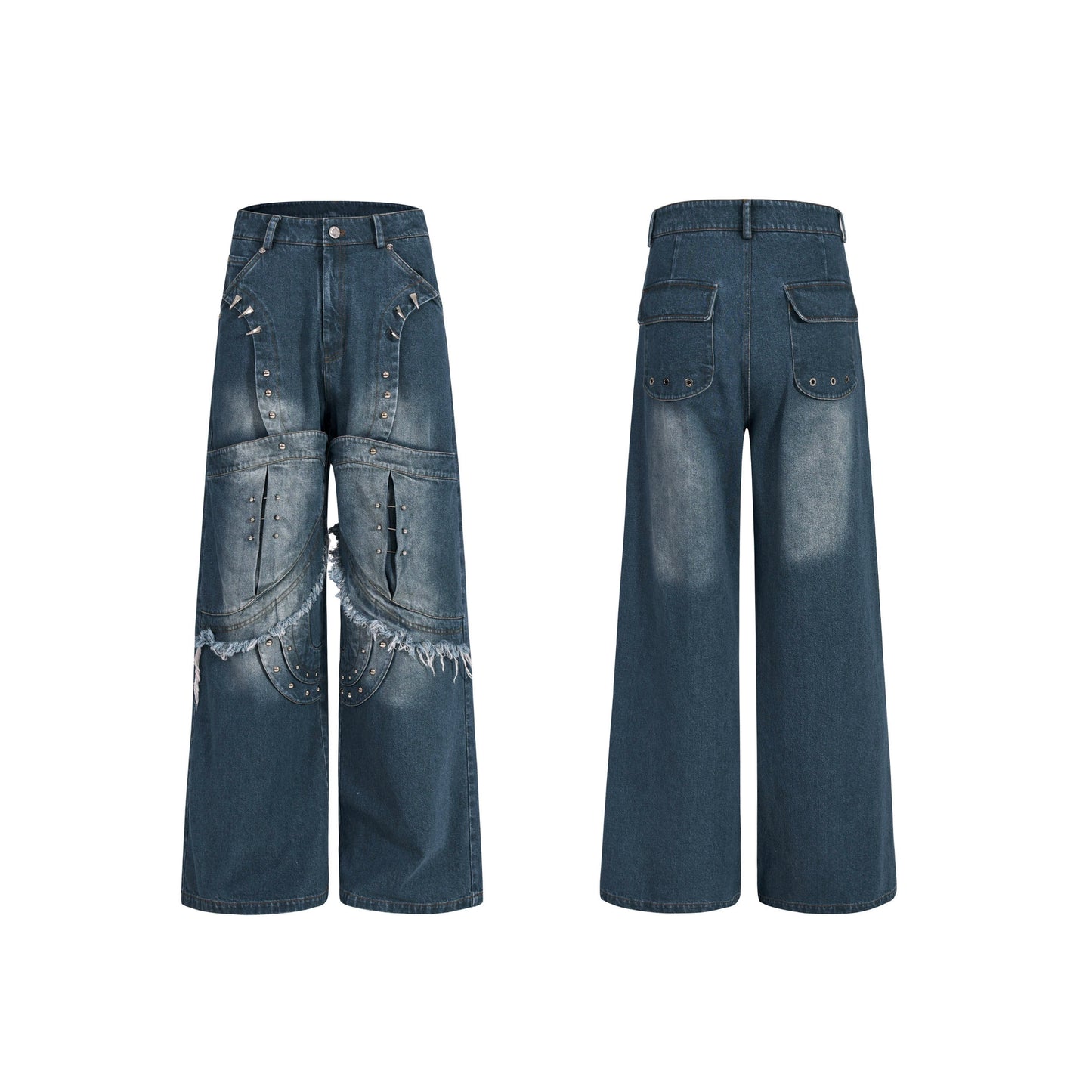 Deconstruction Rivet Design Washed Damege Denim Jacket & Denim Jeans Setup WN21969