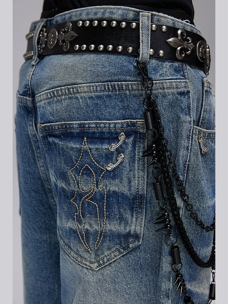 Washed Whisker Design Wide Leg Denim Half Pants WN18031