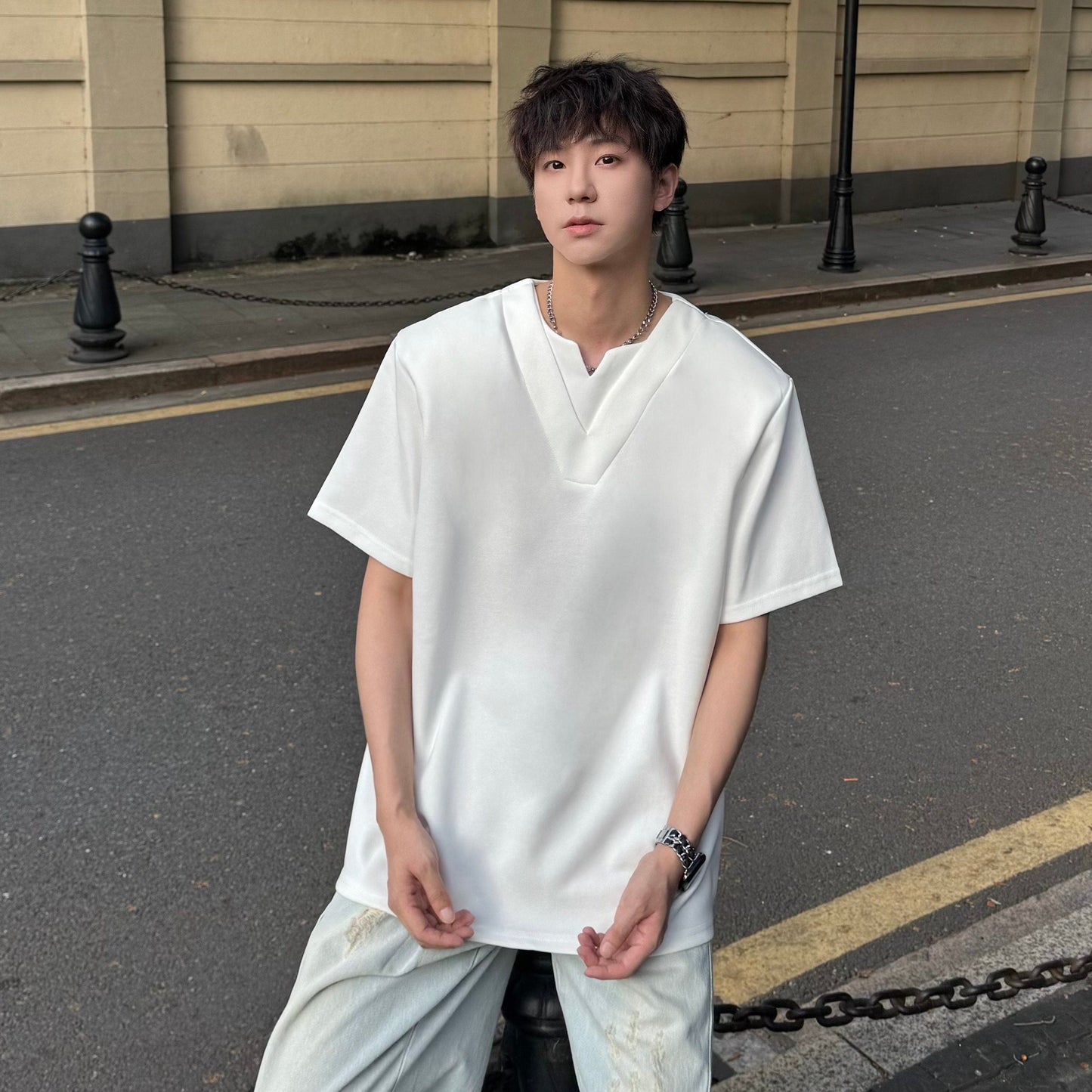 Shoulder-Pad V-Neck Short Sleeve T-Shirt WN25169