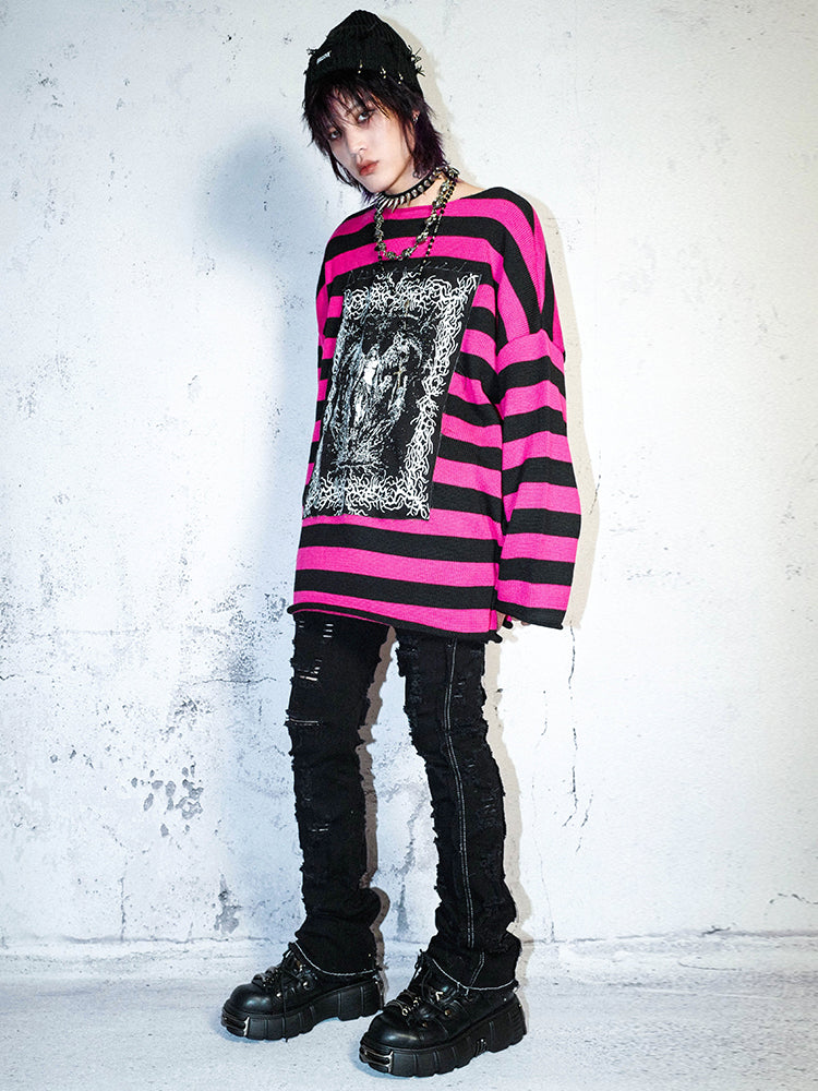 Damage Stripe Patch Oversize Knit Sweater WN15937