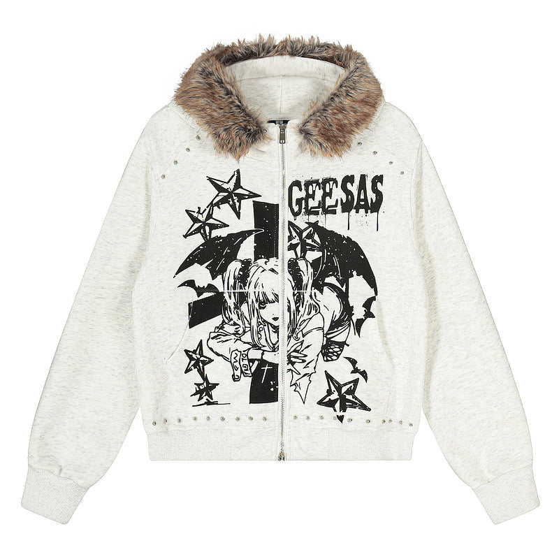 Fake Fur Collar Illustration Print Zip-Up Hoodie WN23577