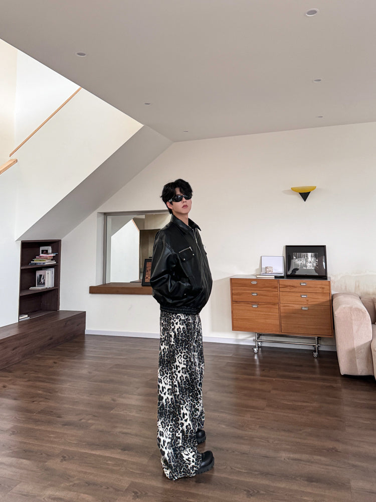 Leopard Print Wide Leg Denim Jeans WN15358