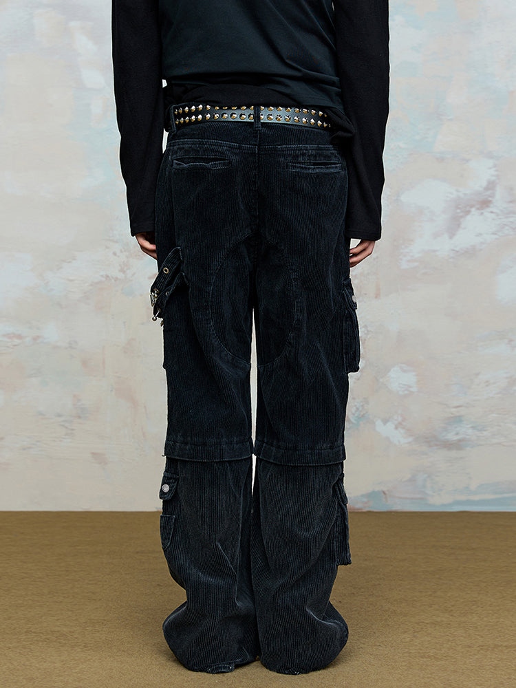 Corduroy Buckle Safety Pin Wash Whisker Straight Cargo Pants WN17923