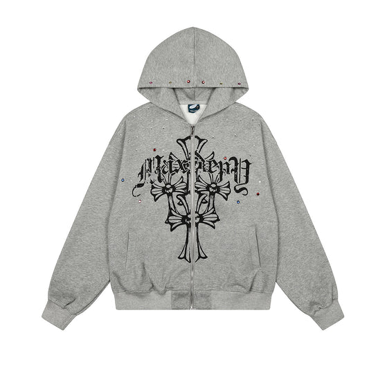Rhinestone Cross Design Zipper Hoodie WN23057