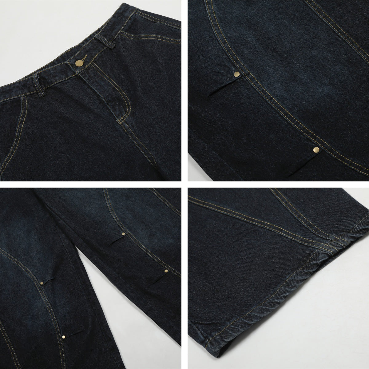 Beaded Washed Curved-Cut Wide-Leg Denim Jeans WN15048