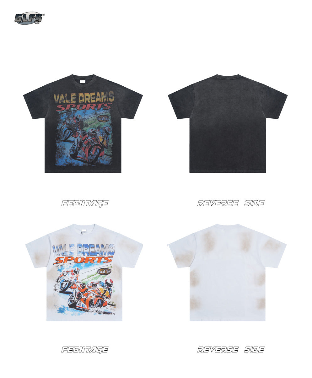 Washed Motorcycle Racing Print Short Sleeve T-Shirt WN26548