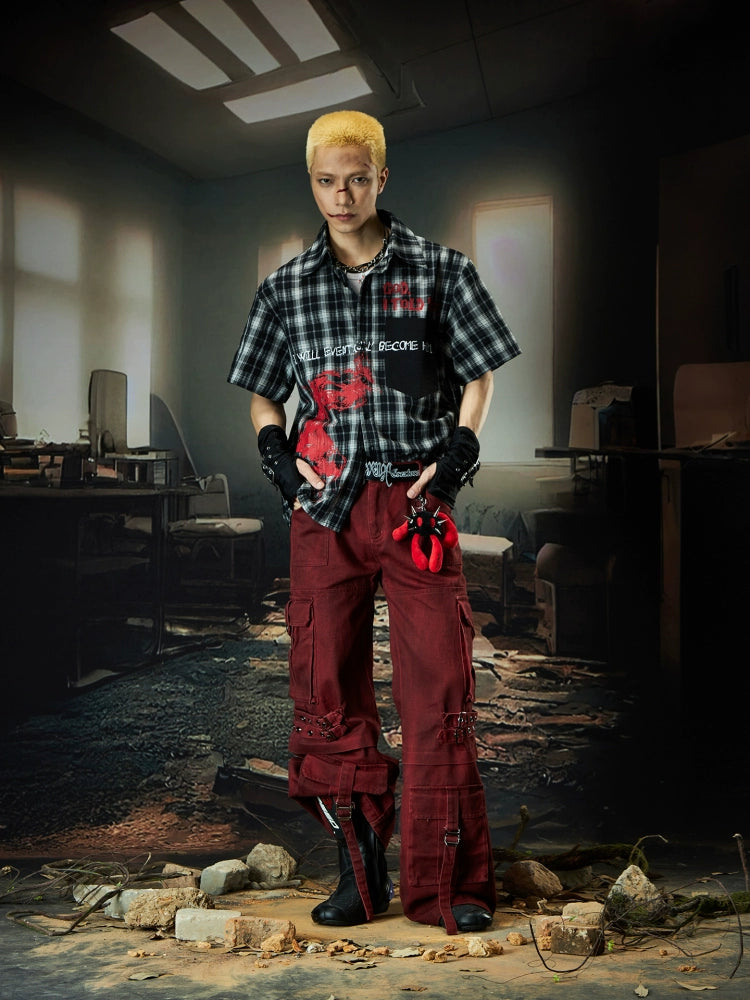 Graffiti Plaid Damage Colorblock Pocket Patchwork Oversize Short Sleeve Shirt WN18490