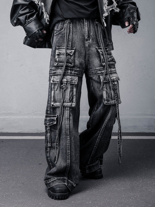 Damage Wash Studs Multi-Pocket Wide Leg Denim Jeans WN22540