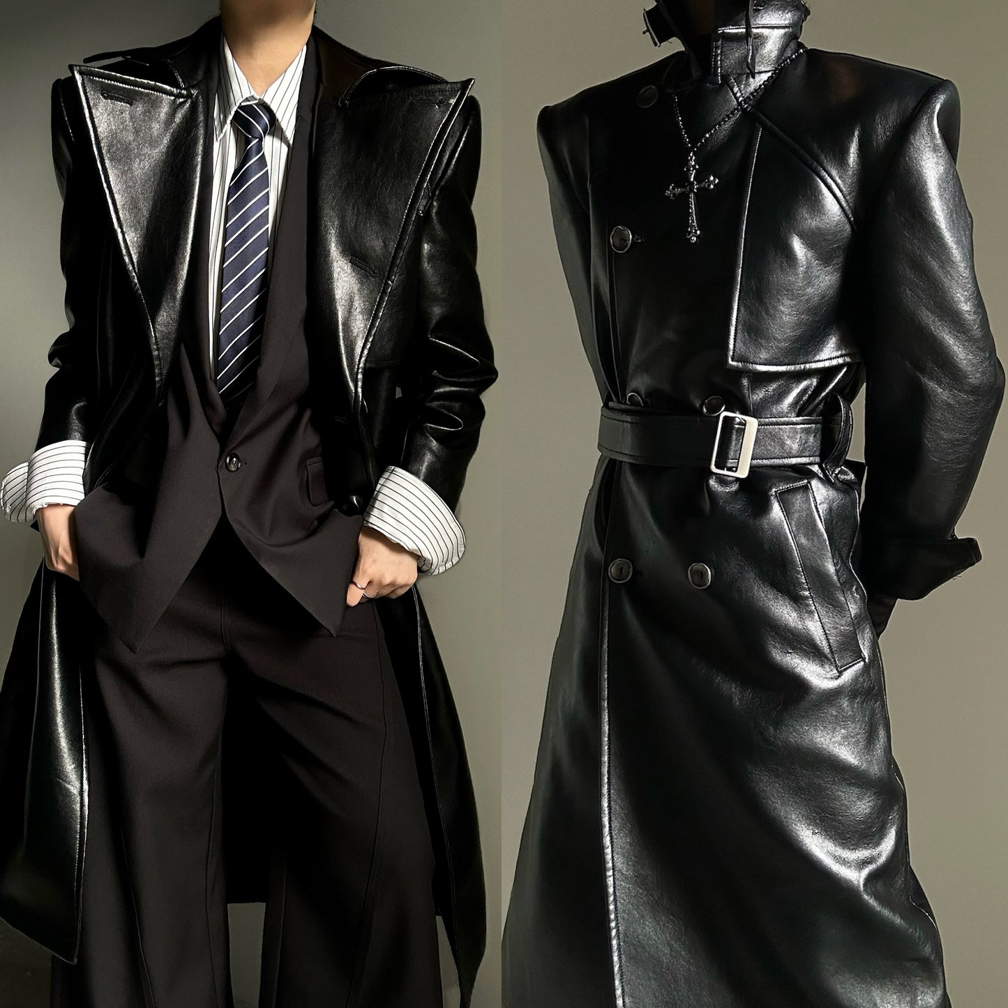 Belted PU Leather Waist-Shaping Coat WN23143