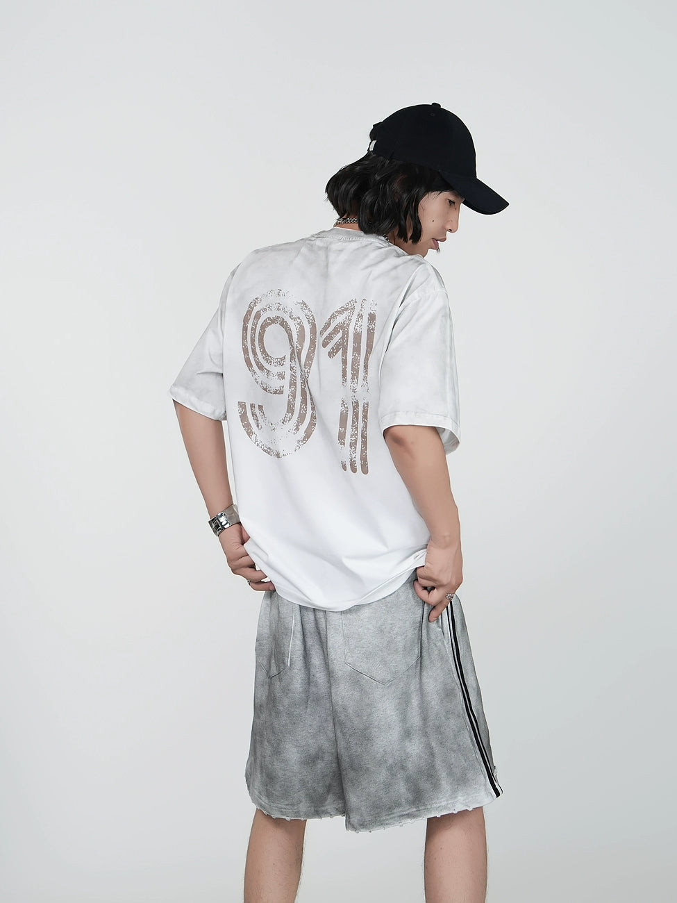 Washed Letter Design Short Sleeve T-Shirt & Heavyweight Half Pants Set WN17379
