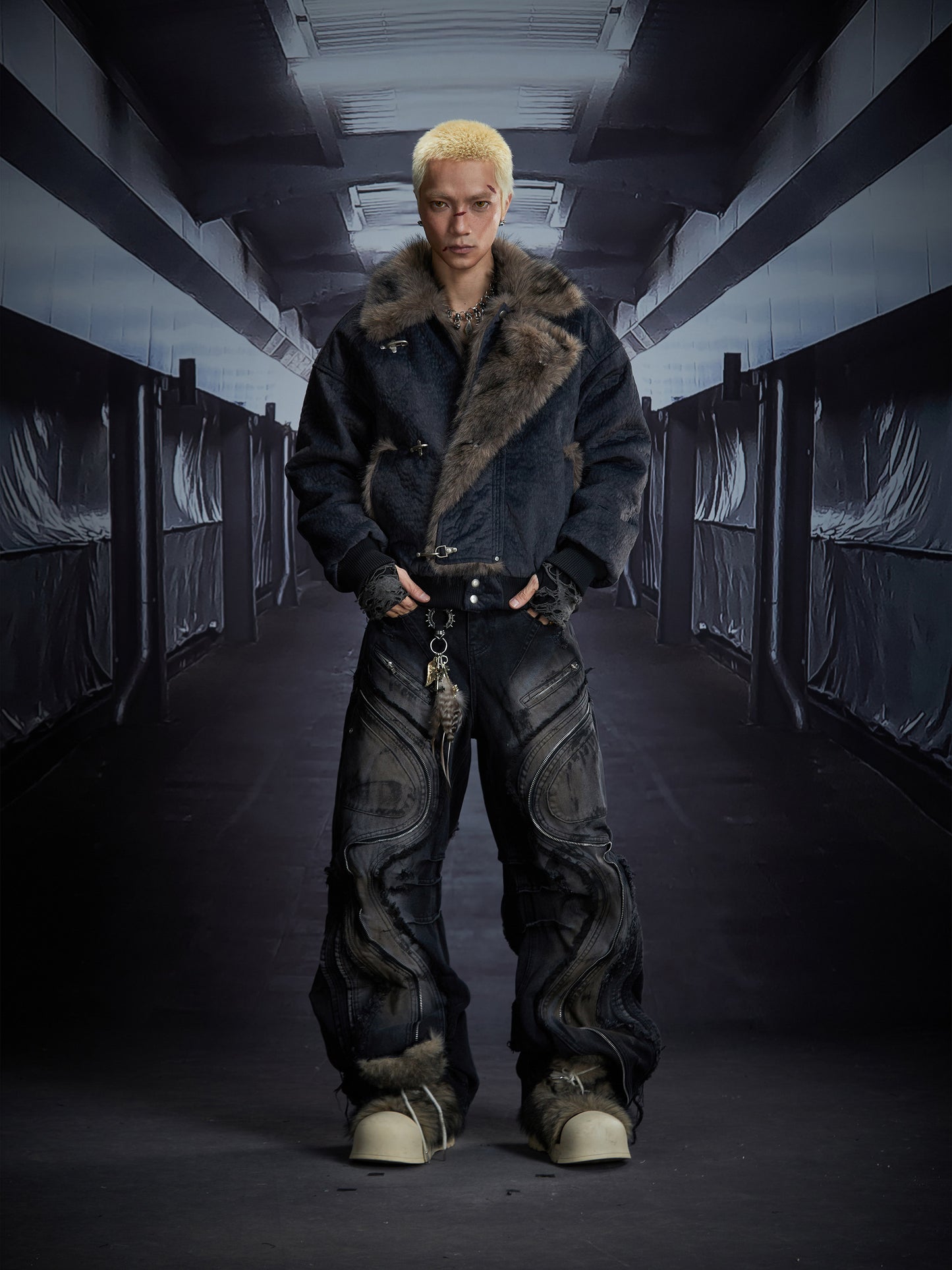 Extra Long Zipper Wash Damage Fringe Barrel Denim Jeans WN22863