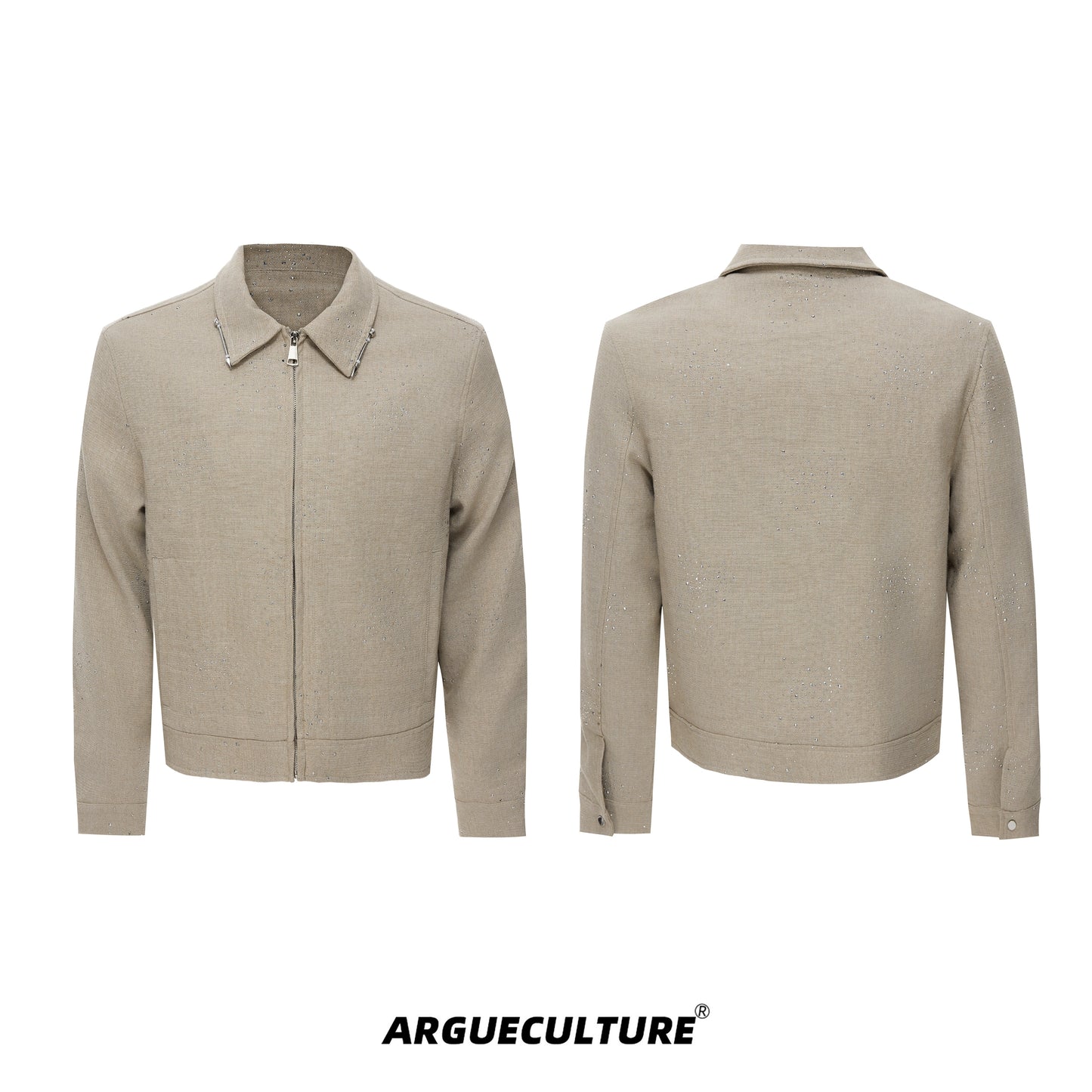 Rhinestone Decor Zipper Jacket & Wide Leg Pants Setup WN21228