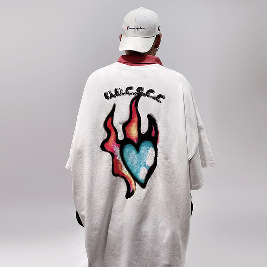 Flame Heart Print Oversize Short Sleeve T-Shirt WN24002