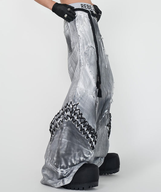 Dirty Wash Damage Drawstring Curved Flare Denim Jeans WN24148