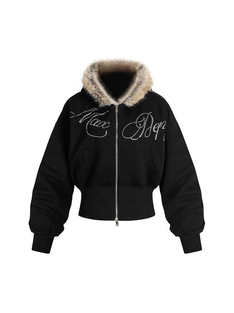 Fake Fur Hooded Rhinestone Letter Zipper Hoodie WN24165