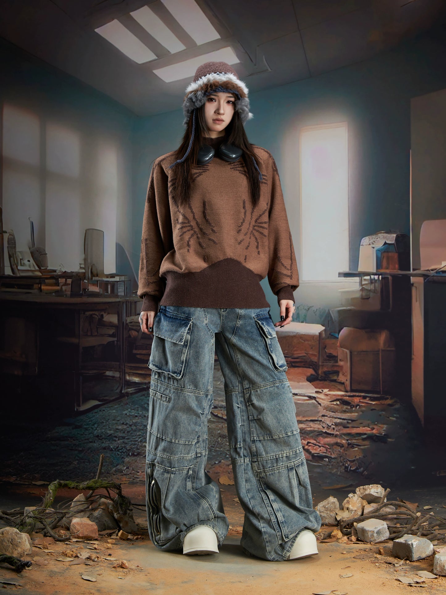 Deconstruction Multi-Pocket Washed Wide Leg Cargo Denim Jeans WN21340