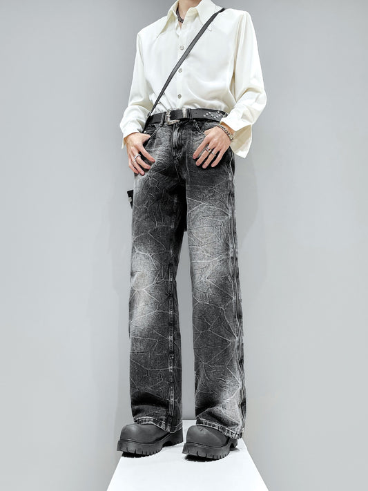 Lightning Crack Wash Zipper Straight Denim Jeans WN23884