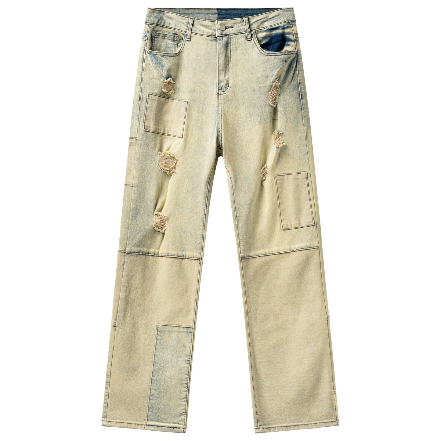 Patchwork Damage Straight Denim Jeans WN17483