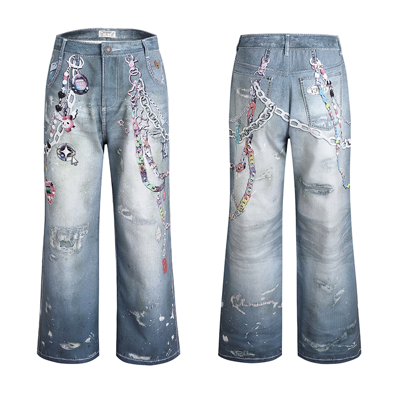 Cartoon Chain Print Wide Leg Denim Jeans WN17015
