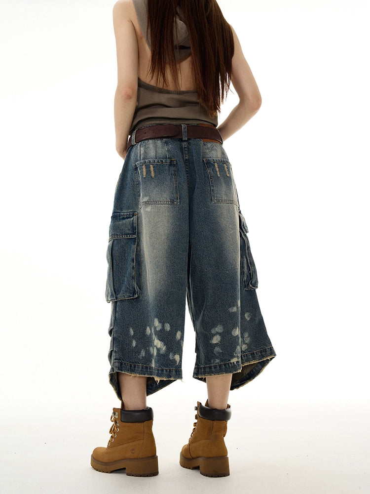 Multi-Pocket Pleats Draped Wide Leg Half Denim Jeans WN16381