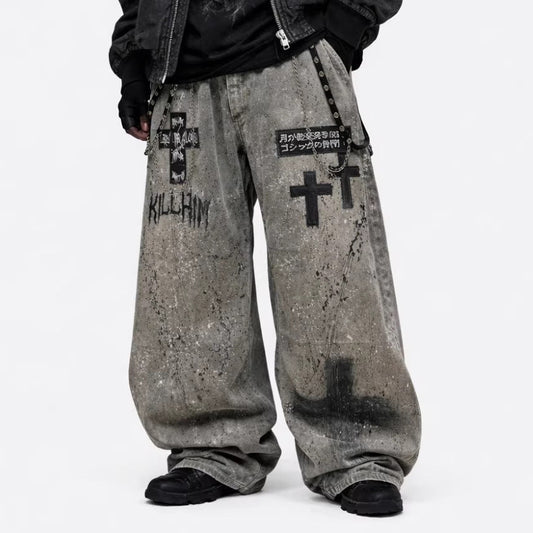 Ink Splash Ripped Detachable Metal Chain Wide Leg Denim Jeans WN27871