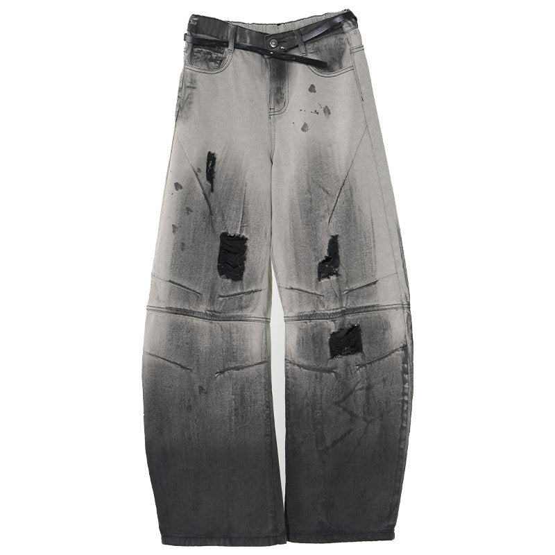 With Tide Belt Heavy Damage Wash Curved Wide Leg Denim Jeans WN24144