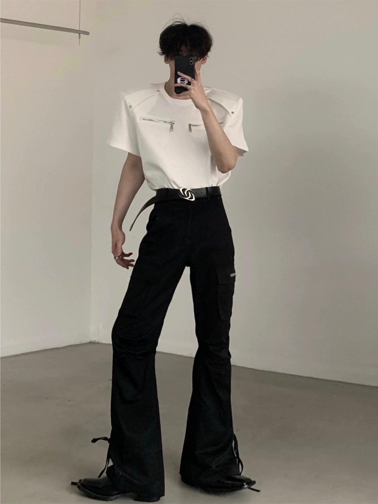 Zipper Shoulder Pad Half Sleeve T-Shirt WN5991