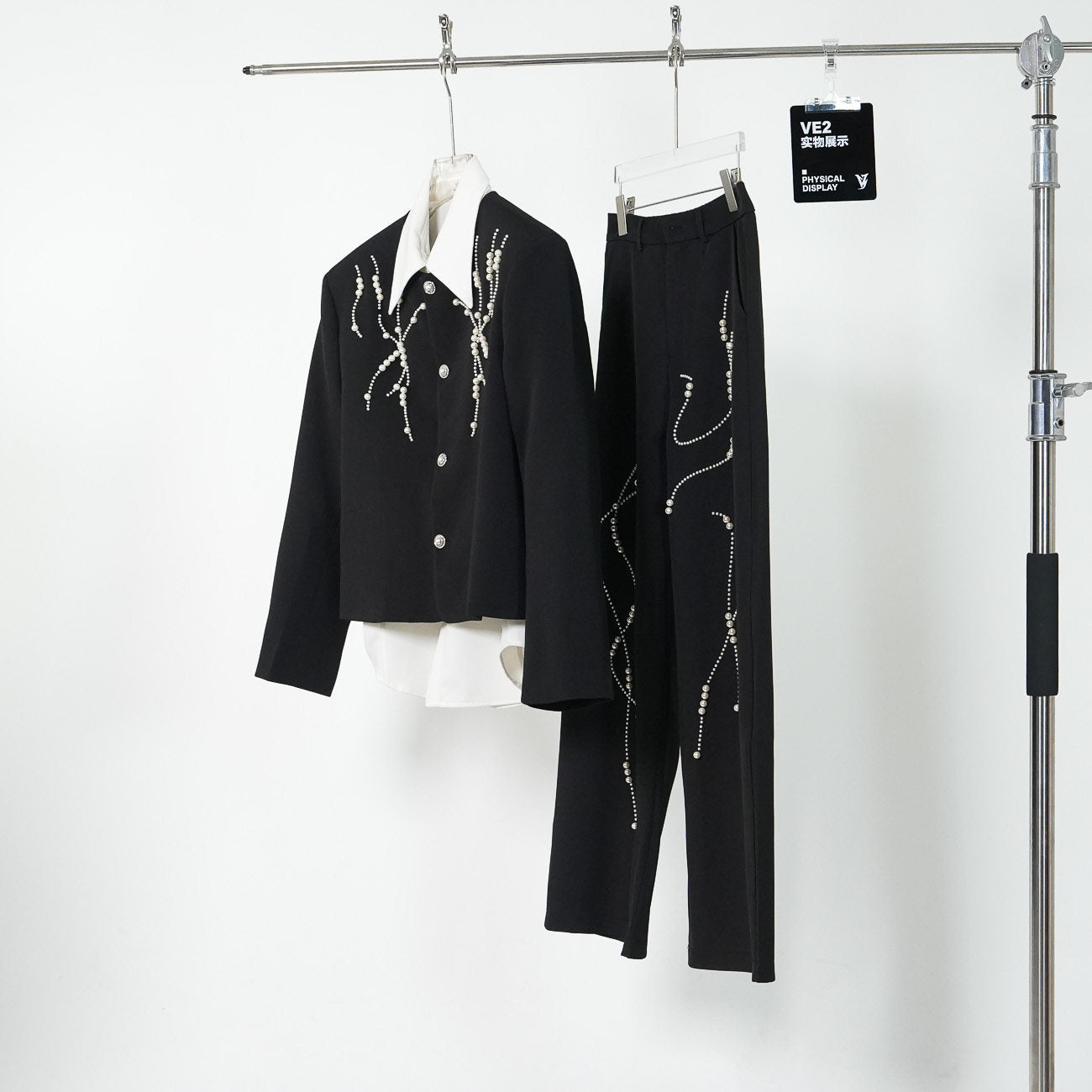 Shoulder-Pad Short Tailored Jacket & Pointed Collar Long Sleeve Shirt & Trousers Setup WN24147