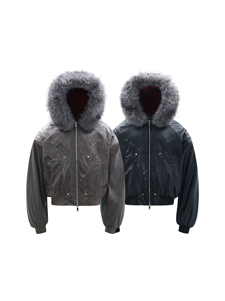 Hooded Matte PU Leather Fake Fur-Collar Jacket WN22220